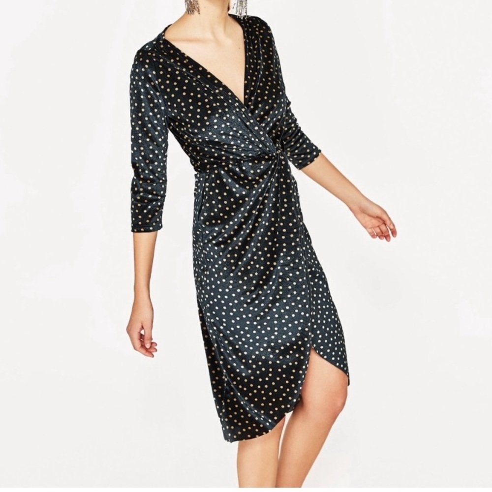 ZARA Green Polka Dot Velvet Twist Front Crossover Dress       Size Medium